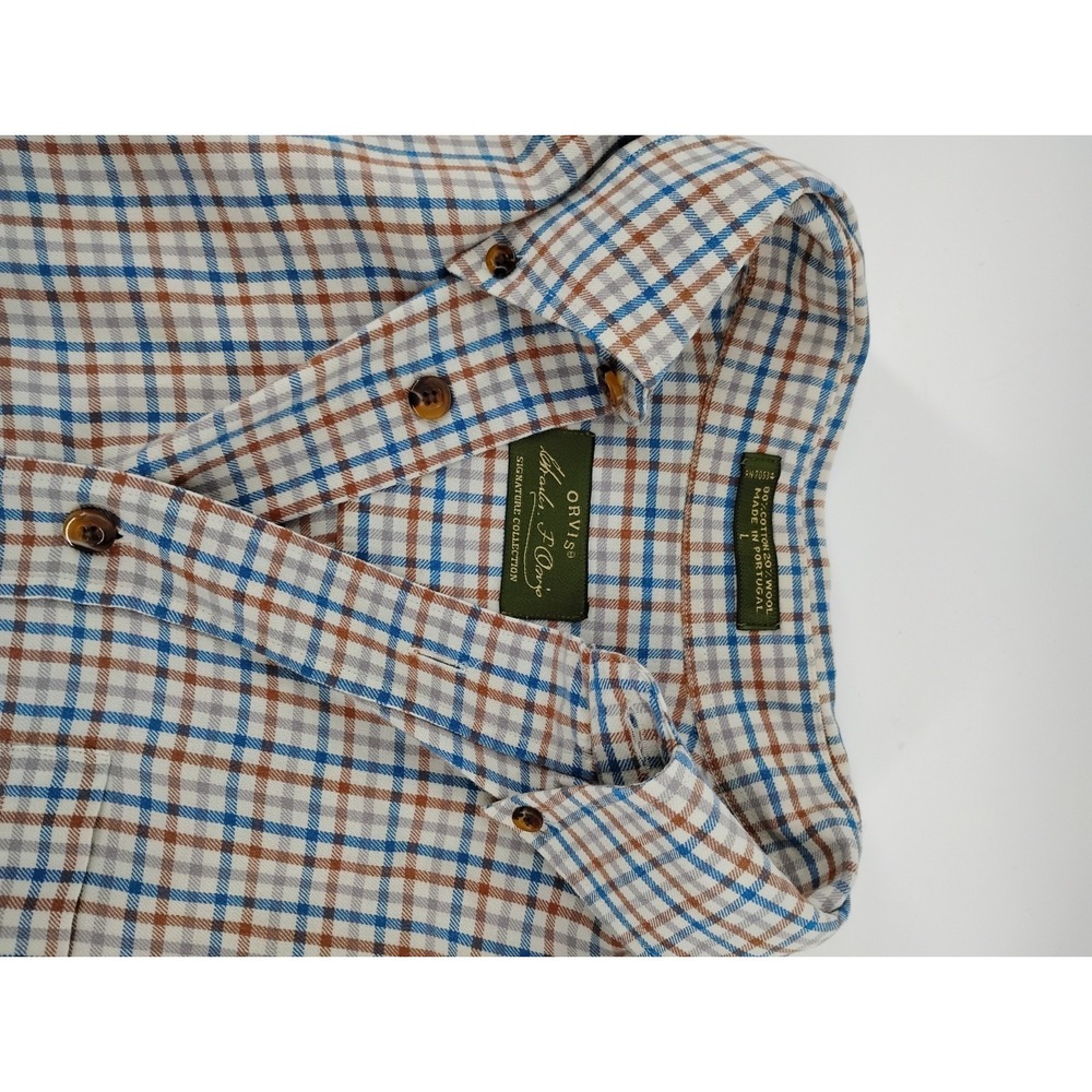 Orvis Triblend Flannel Shirt Large Olive Green Check Classic Fit Wool Tencel - Picture 4 of 8